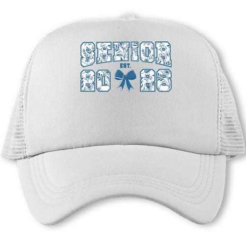 Senior 26 Graduation Class Of 2026 Bow Blue Toile Floral Trucker Cap - Best Gift Smart