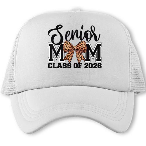Senior Mom Class Of 2026 Graduation Leopard Coquette Bow Trucker Cap - Best Gift Smart