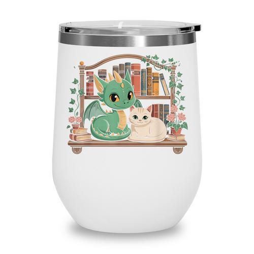 Boho Librarian Booklover Cottagecore Fantasy Book Dragon Cat Wine Tumbler - Bookorys DE