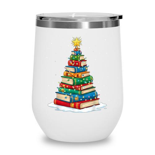 Book Christmas Tree Xmas Lights Book Lover Teacher Librarian Wine Tumbler - Bookorys AU