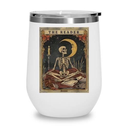 Books Lover Book Novels Reading Halloween Costumes Cottagecore Skeleton Aesthetic Tarot Card The Reader Graphic Wine Tumbler - Bookorys