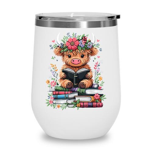 Bookworm Cute Baby Highland Cow Reading Book Wine Tumbler - Bookorys