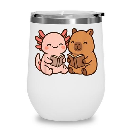 Capybara Axolotl Kawaii Kids Anime Book Lover Reading Wine Tumbler - Bookorys