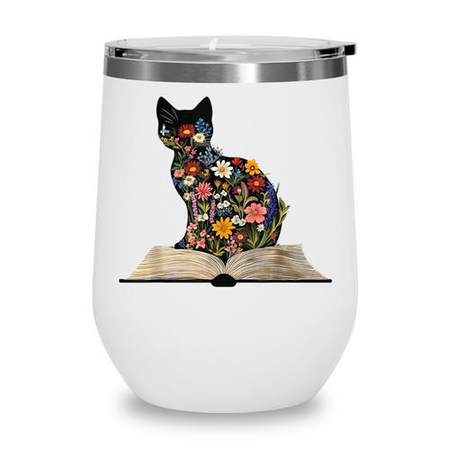 Cat Book Flowers Wine Tumbler - Bookorys DE