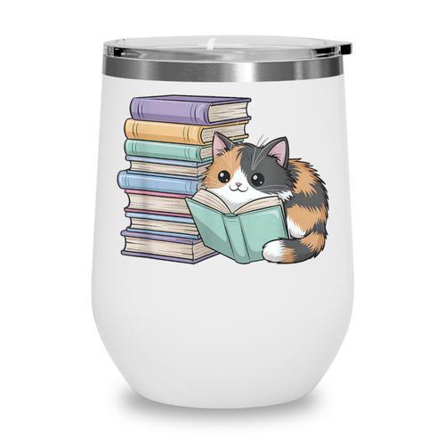 Cat On Books Pets Cats Reading Book Nerd Read Reader Bookcat Wine Tumbler - Bookorys