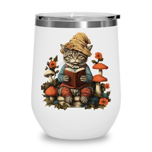 Cat Cottagecore Shirt Mushroom Cute Cat Reading Book Women Wine Tumbler - Bookorys DE