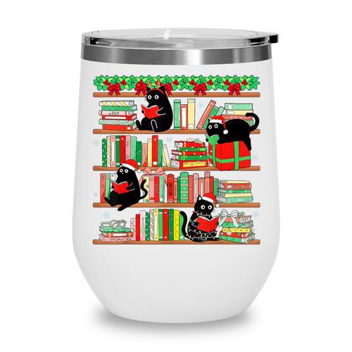 Christmas Cat Santa Bookshelves Book Lover Reader Wine Tumbler - Bookorys DE