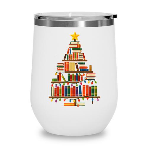 Christmas Tree Bookshelf Book Lover Library Men Women Kids Wine Tumbler - Bookorys CA