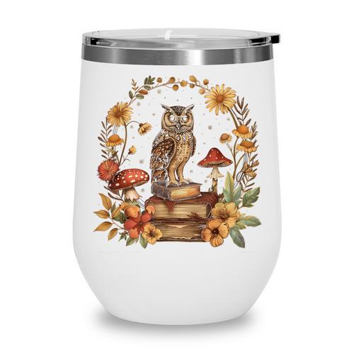 Cottagecore Aesthetic Owl Books Mushroom Witchy Floral Wine Tumbler - Bookorys DE