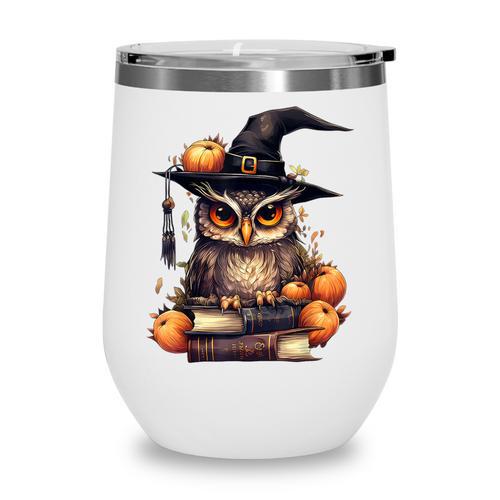 Cottagecore Owl Witch Hat On Book Pumpkin Halloween Costume Wine Tumbler - Bookorys DE