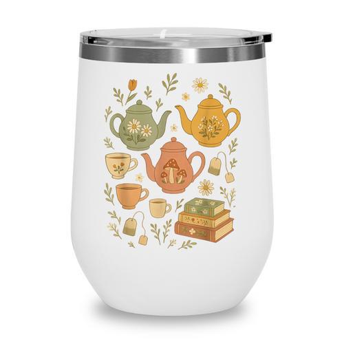 Cottagecore Whimsical Elements Teapots Books Wine Tumbler - Bookorys