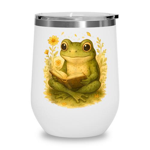 Cottagecore Whimsical Green Frog Peacefully Reading Book Wine Tumbler - Bookorys UK