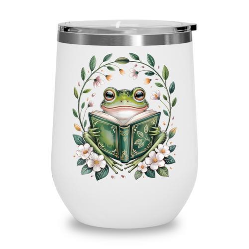Cottagecore Whimsical Green Frog Read A Book Nature Flowers Wine Tumbler - Bookorys DE
