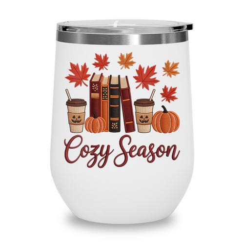 Cozy Season Autumn Leaves Books Pumpkins Fall Halloween Wine Tumbler - Bookorys