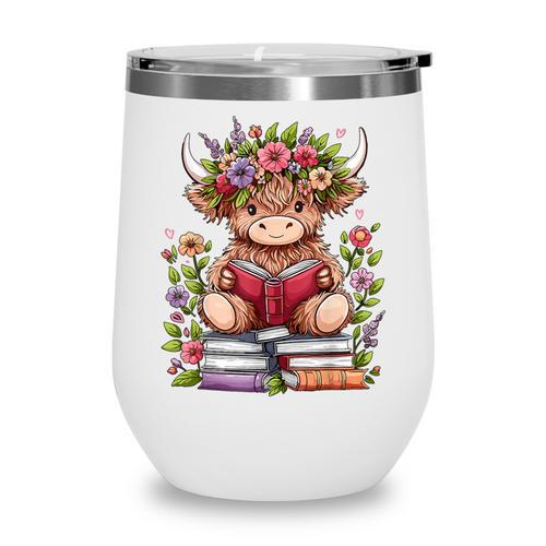 Cute Baby Highland Cow With Reading Book Bookworm Wine Tumbler - Bookorys
