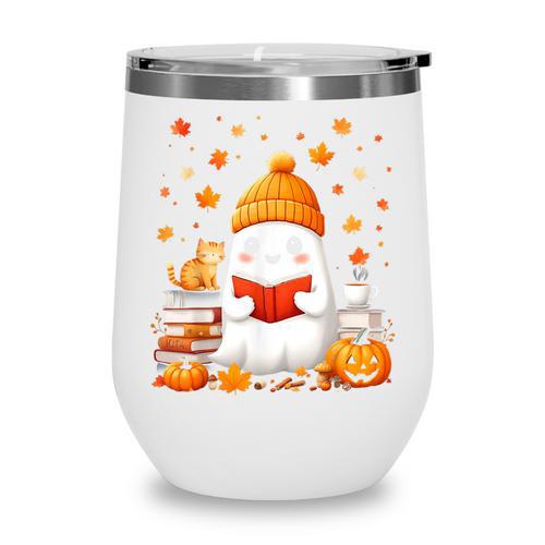 Cute Beanie Ghost Bookworm Cozy Book Reading Halloween Wine Tumbler - Bookorys DE