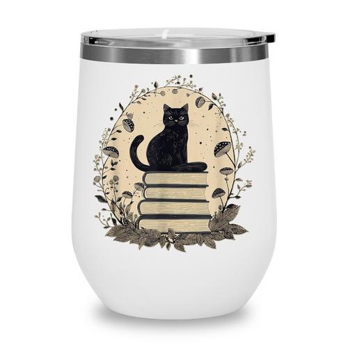 Cute Cat Sitting On Books With Mushrooms Cottage Core Wine Tumbler - Bookorys CA