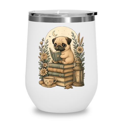 Cute Cottagecore Aesthetic Dog Pug Reading Book Nerd Wine Tumbler - Bookorys