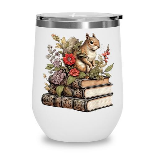 Cute Cottagecore Aesthetic Squirrel With Flowers Books Wine Tumbler - Bookorys