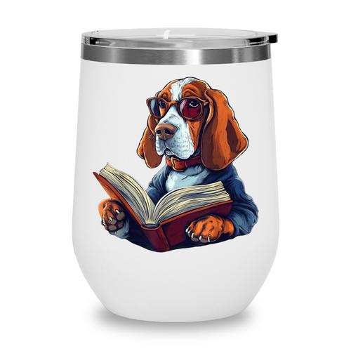 Cute Dog Basset Hound Reading Book Wine Tumbler - Bookorys