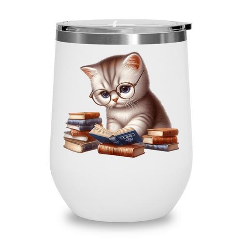 Cute Kitten Bookworm Adorable Cat With Glasses Reading Book Wine Tumbler - Bookorys