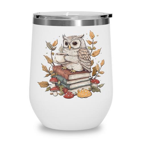 Cute Owl Sitting On Books With Coffee Cottage Core Wine Tumbler - Bookorys DE