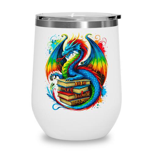 Dragon Reading Colorful Fantasy Book Lover Wine Tumbler - Bookorys AU