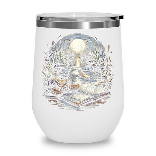 Duck Reading Book Full Moon Lake Scenery Wine Tumbler - Bookorys