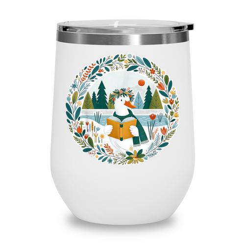 Duck Wilderness Book Reading Illustration Floral Wine Tumbler - Bookorys