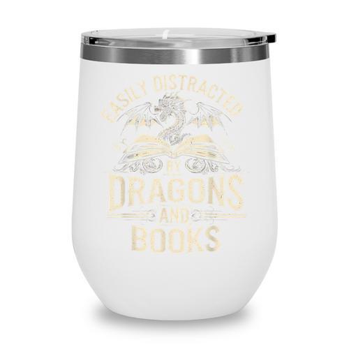 Easily Distracted By Books & Dragons Bookworm Reading Wine Tumbler - Bookorys
