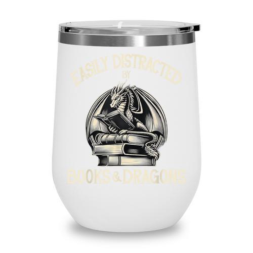 Easily Distracted By Books And Dragons Book Dragon Lover Wine Tumbler - Bookorys