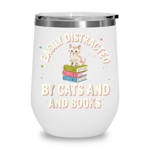 Easily Distracted By Cats & Books Tee Reader Book Worm Wine Tumbler - Bookorys DE