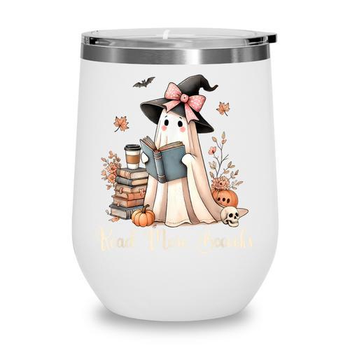Ghost Reading Book Coquette Bow Halloween Girl Kid Teacher Wine Tumbler - Bookorys