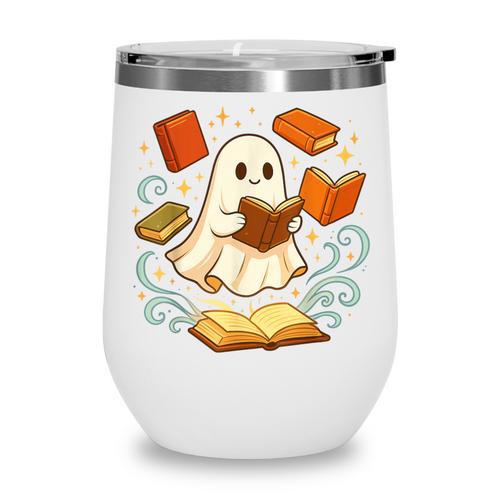 Halloween Cute Ghost Shirt Reading Books Ghost Wine Tumbler - Bookorys