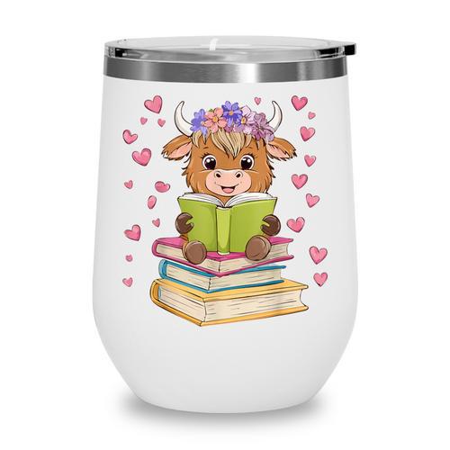 Highland Cow Reading Book Floral Bookworm Wine Tumbler - Bookorys