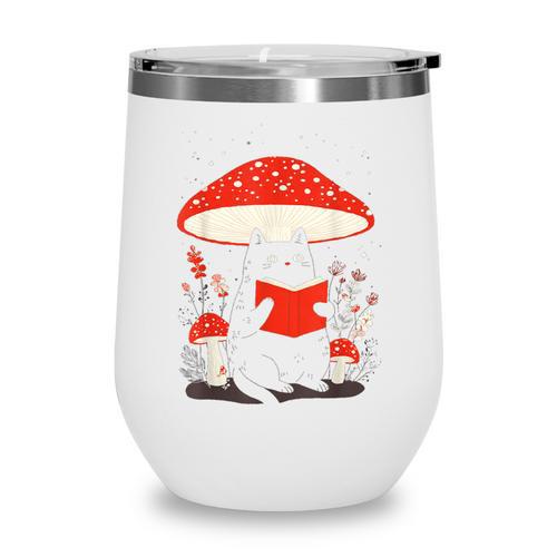 Kawaii Cottagecore Mushroom Cat Reading a Book Wine Tumbler - Bookorys DE