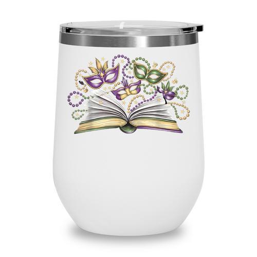 Mardi Gras Book Librarian Author Purple Beads Wine Tumbler - Bookorys DE