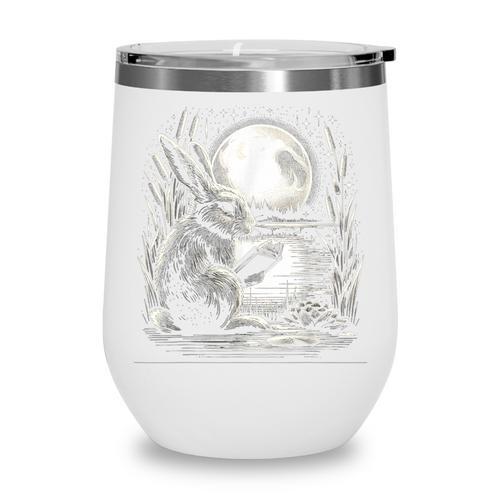 Rabbit Reading Book Full Moon Lake Scenery Wine Tumbler - Bookorys