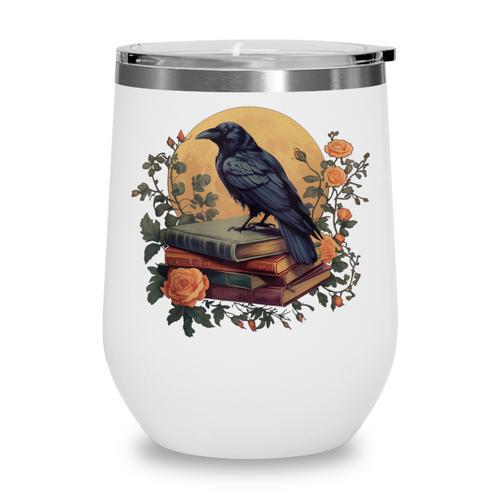 Raven Reading Book Occult Crow Cottagecore Botanical Flowers Wine Tumbler - Bookorys DE