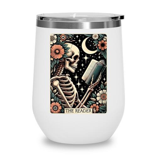The Reader Tarot Card Skeleton Reading Book Bookworm Bookish Wine Tumbler - Bookorys