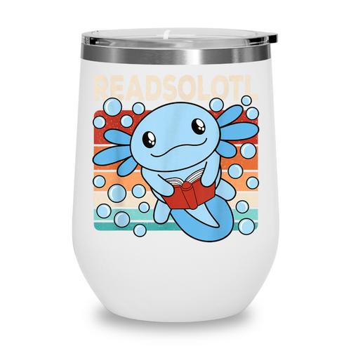 Readsolotl Blue Kawaii Axolotl Book Lover Reading Retro Wine Tumbler - Bookorys