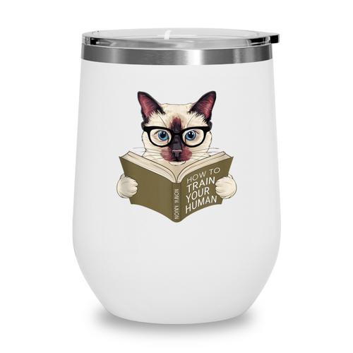 Siamese Cat Reading Book How To Train Your Human Humorous Wine Tumbler - Bookorys