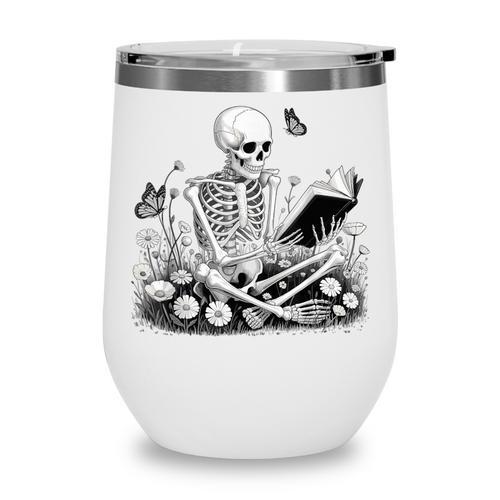 Skeleton Reading Book Floral Dark For Book Lovers Wine Tumbler - Bookorys DE