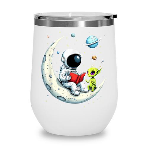 UFO Alien Astronaut Reading Book In Space Wine Tumbler - Bookorys