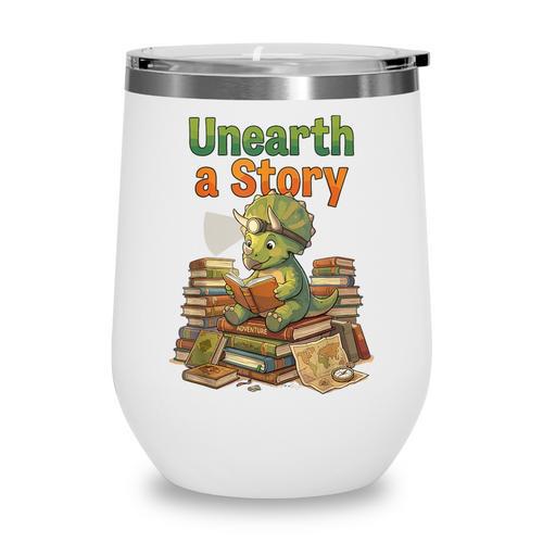 Unearth a Story Triceratops Dinosaur Reading Books Cute Dino Wine Tumbler - Bookorys