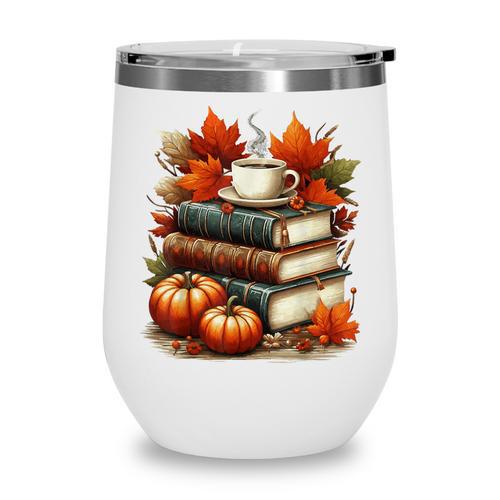 Vintage Autumn Books Coffee Pumpkin Fall Reading Wine Tumbler - Bookorys AU