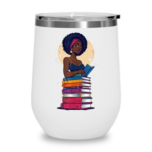 Woman And Books Stack Afro Girl Reading Lover Wine Tumbler - Bookorys