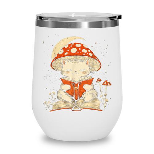 Women's Cottagecore Mushroom Cat Reading a Book Wine Tumbler - Bookorys DE