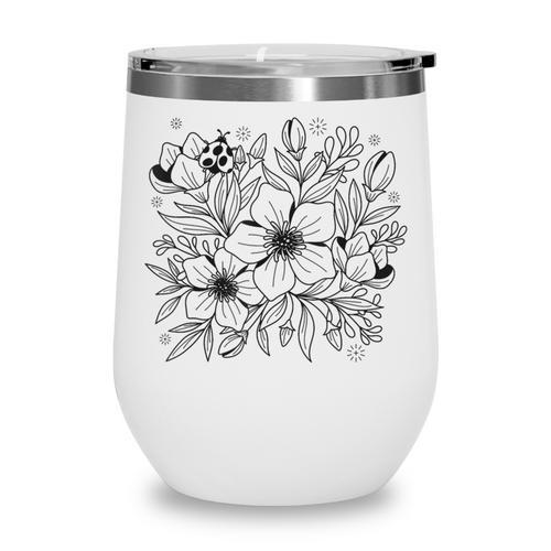 Adult Coloring Book Style Flowers And Ladybug Self Coloring Wine Tumbler - Bookorys CA