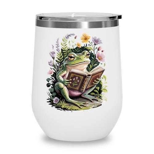 Aesthetic Cottagecore Frog Reading Book Floral Book Lover Wine Tumbler - Bookorys